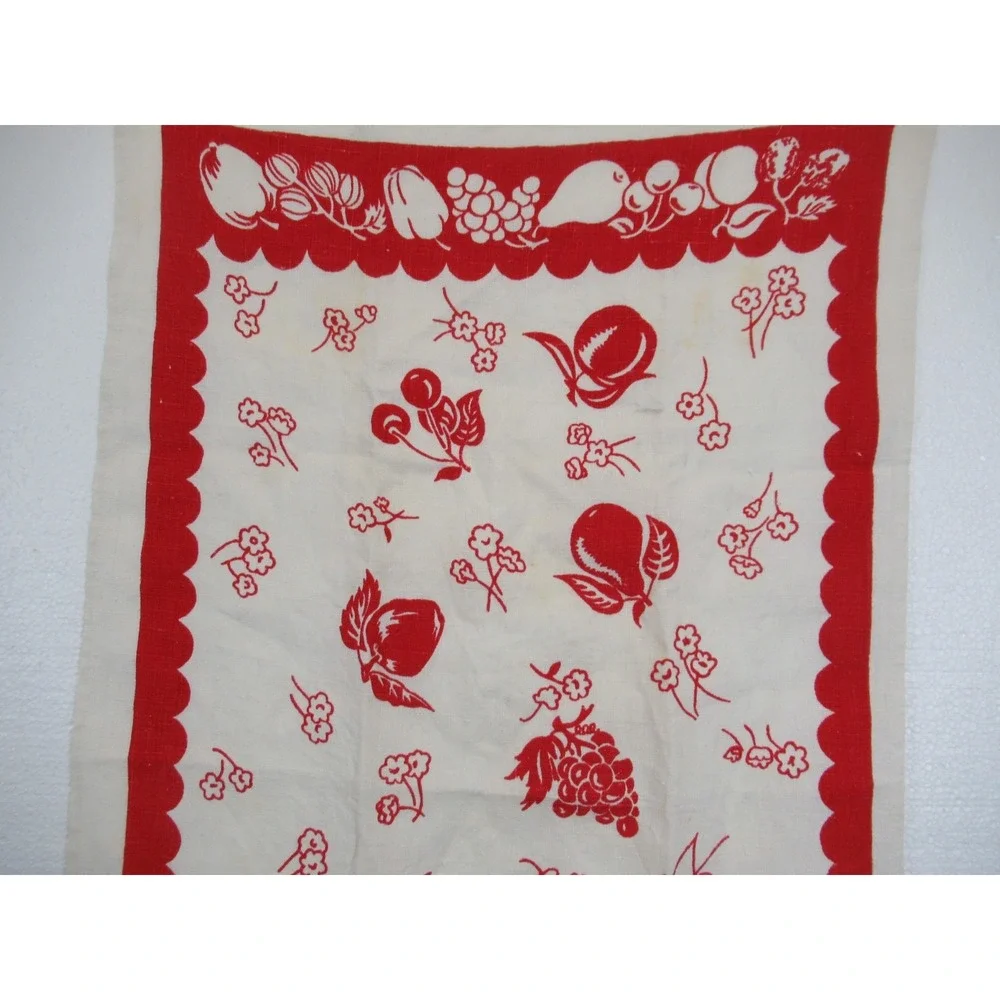 Vintage 50s Fruit Print Linen Tea Towel Red Cherries Apples Pears Grapes